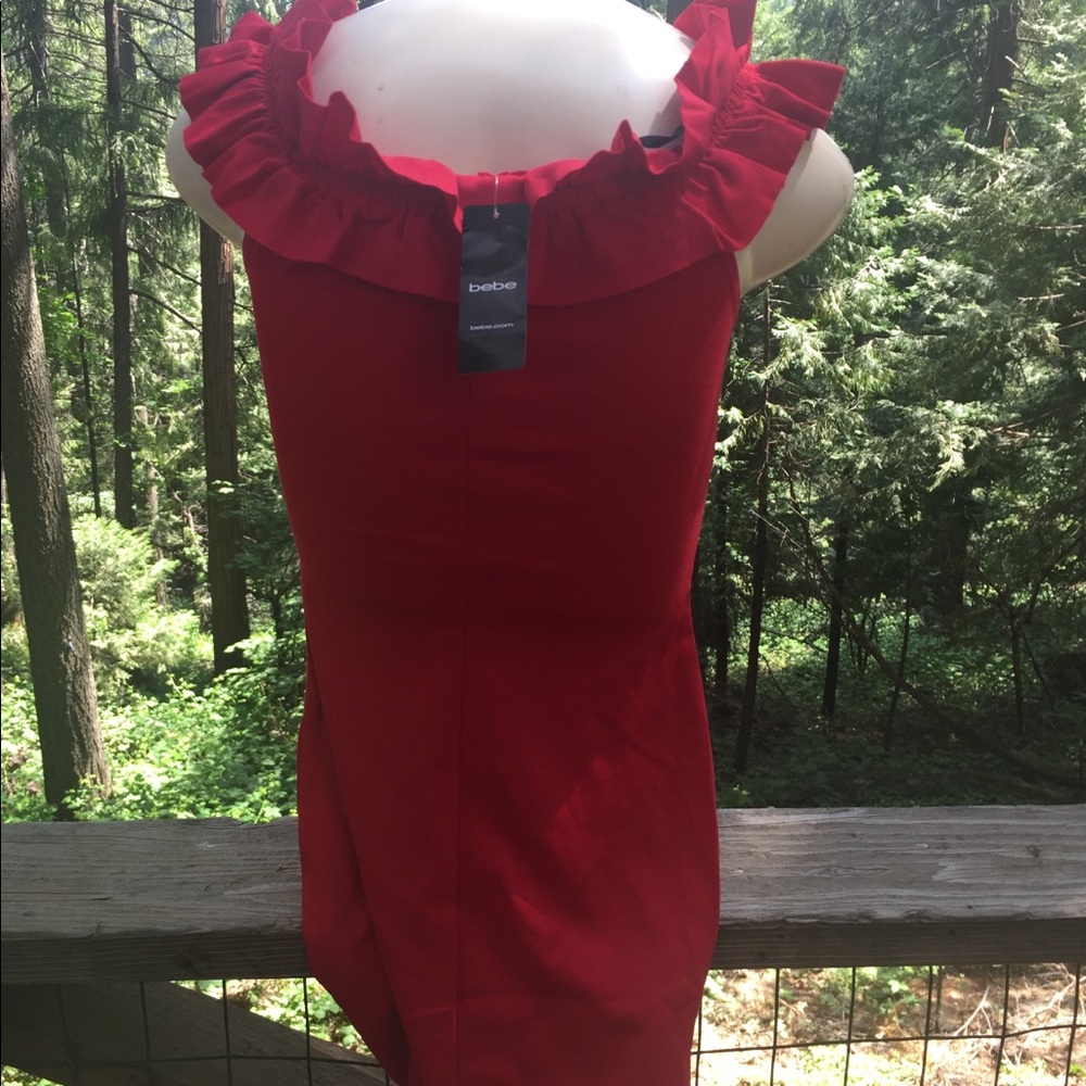 Bebe ruffle neck slim fit saffron red knit off the shoulder dress - Picture 8 of 8